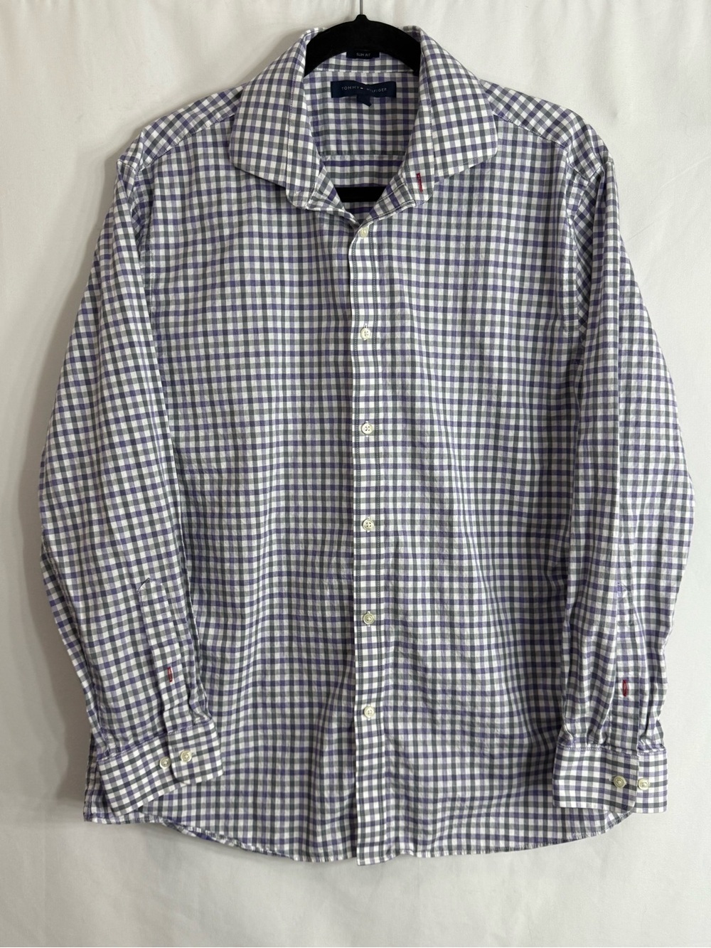 Tommy Hilfiger Men’s Slim Fit Purple Gray Checkered Button Down Shirt, size 16.5